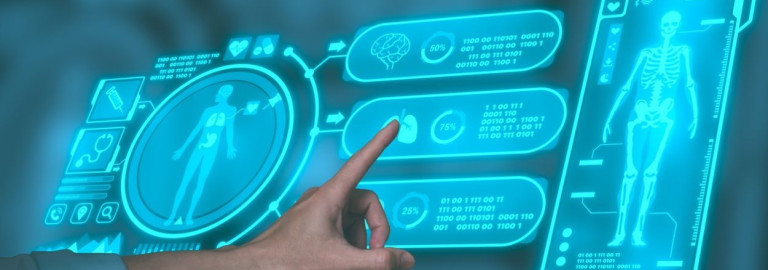 Finger tippt auf Touchscreen mit medizinischen Symbolen