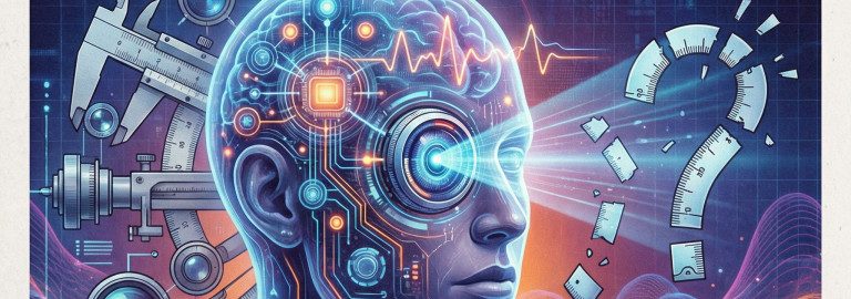 Der menschliche Kopf mit einem Kamera-Objektiv als Auge, durchleutet von Signalen, im Hintergrund Messwerkzeuge